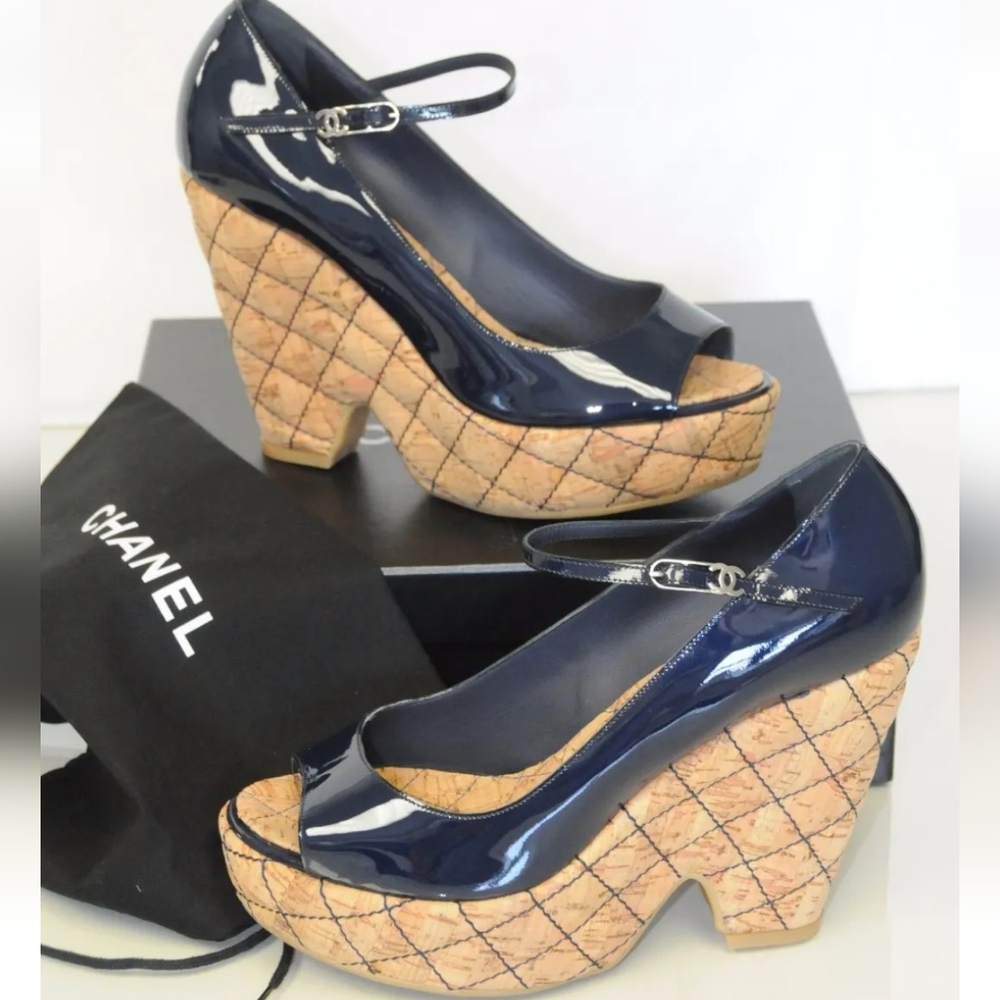 CHANEL Navy Patent Leather Quilted Cork Wedge Shoes [size 39?]